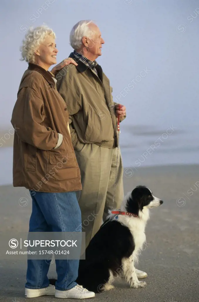 Senior couple at the beach with their dog