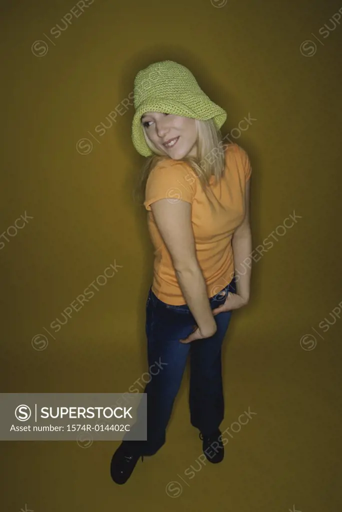 High angle view of a teenage girl smiling