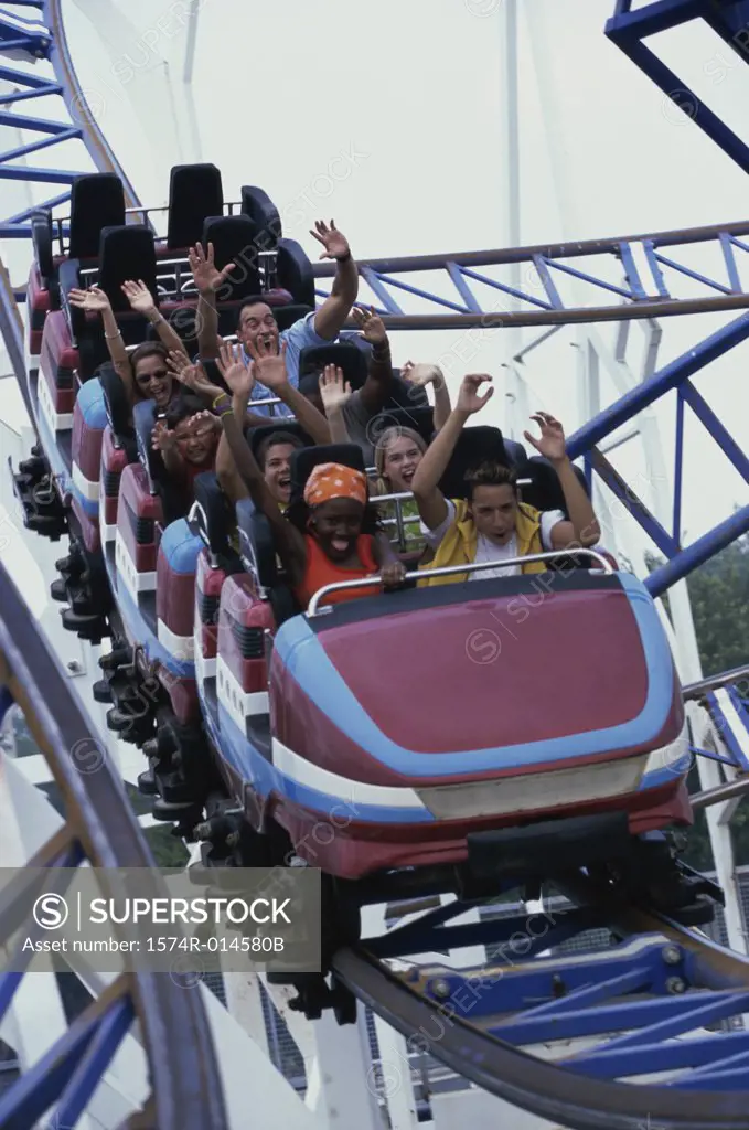 Low angle view of a group of people on a rollercoaster