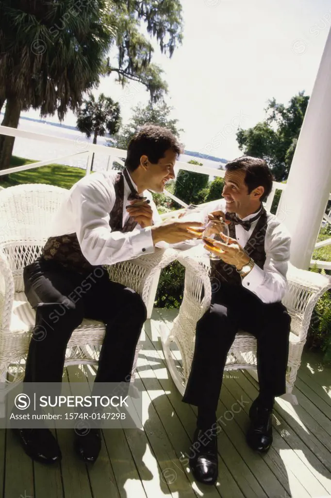 Two mid adult men toasting with wineglasses