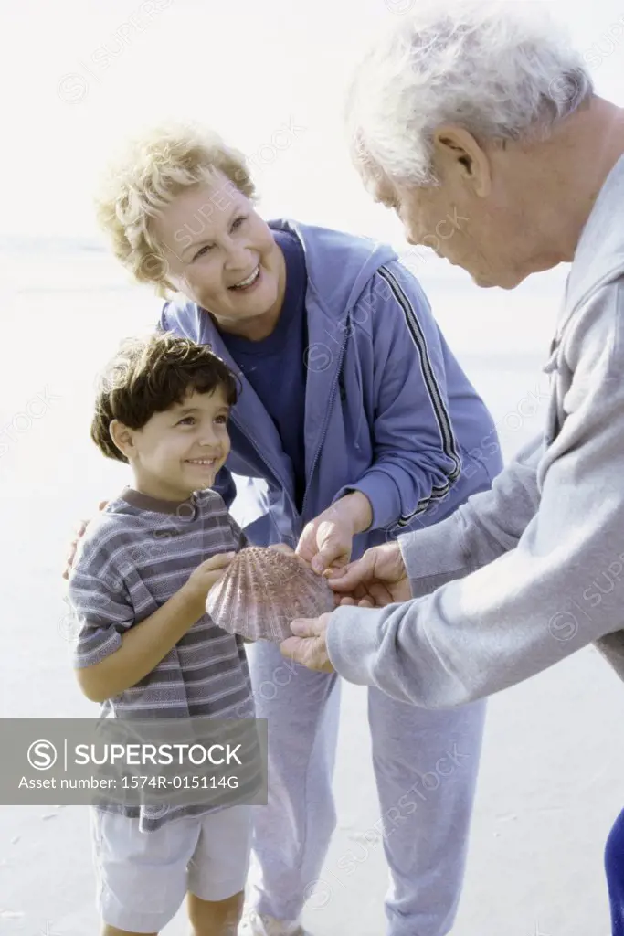 Boy holding a seashell on the beach with his grandparents