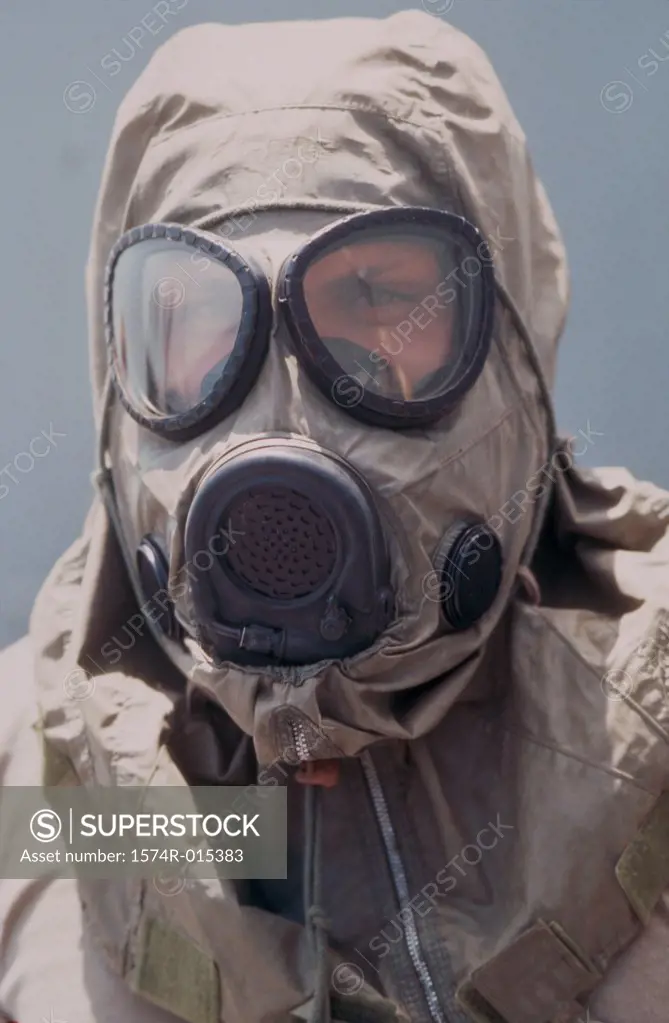 Marine wearing protective gear during Nuclear Biological Chemical Warfare Training Desert Shield Saudi Arabia
