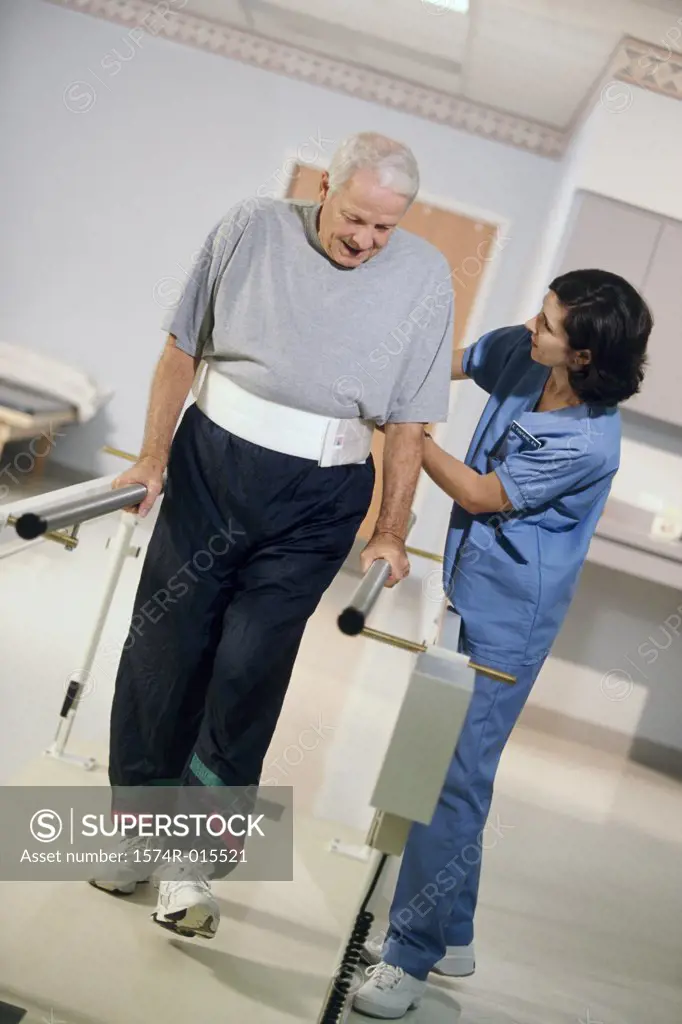 Side profile of a female nurse helping a patient to walk