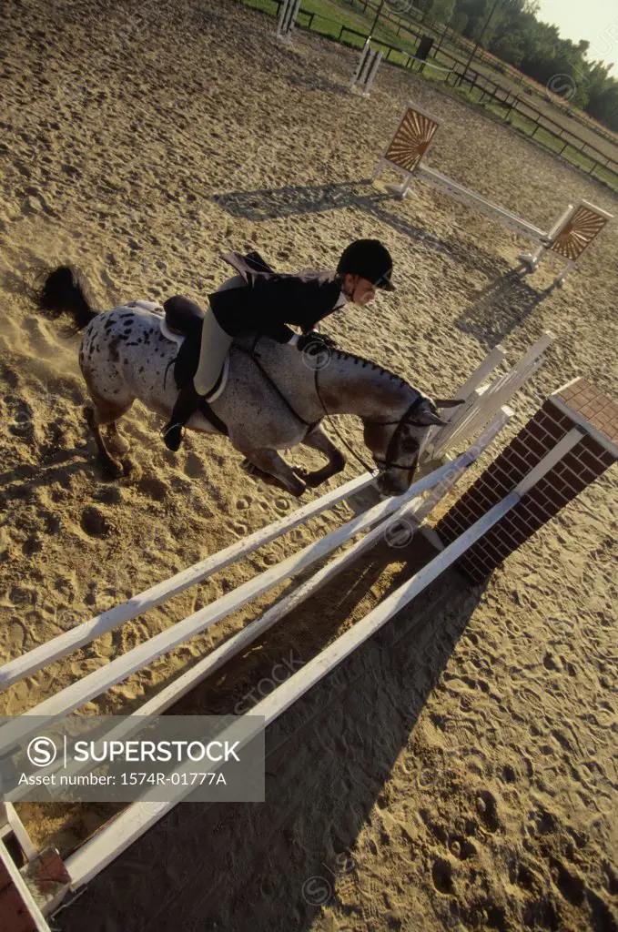 High angle view of a woman riding a horse over a hurdle