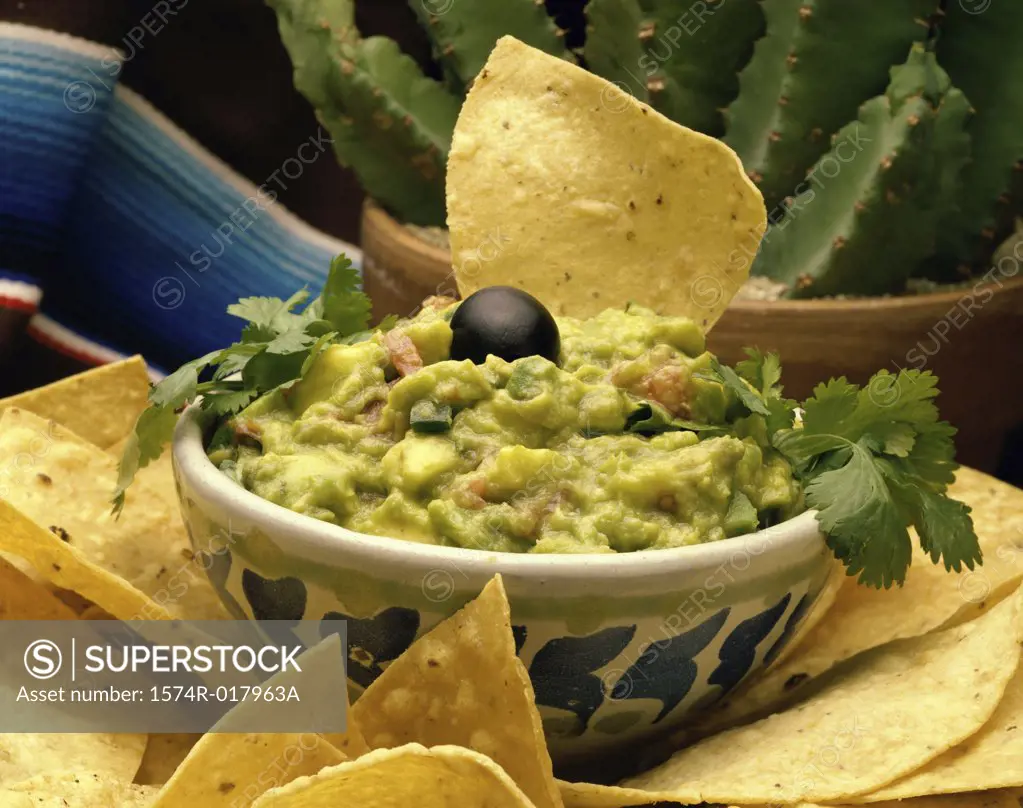 Close-up of guacamole with tortilla chips