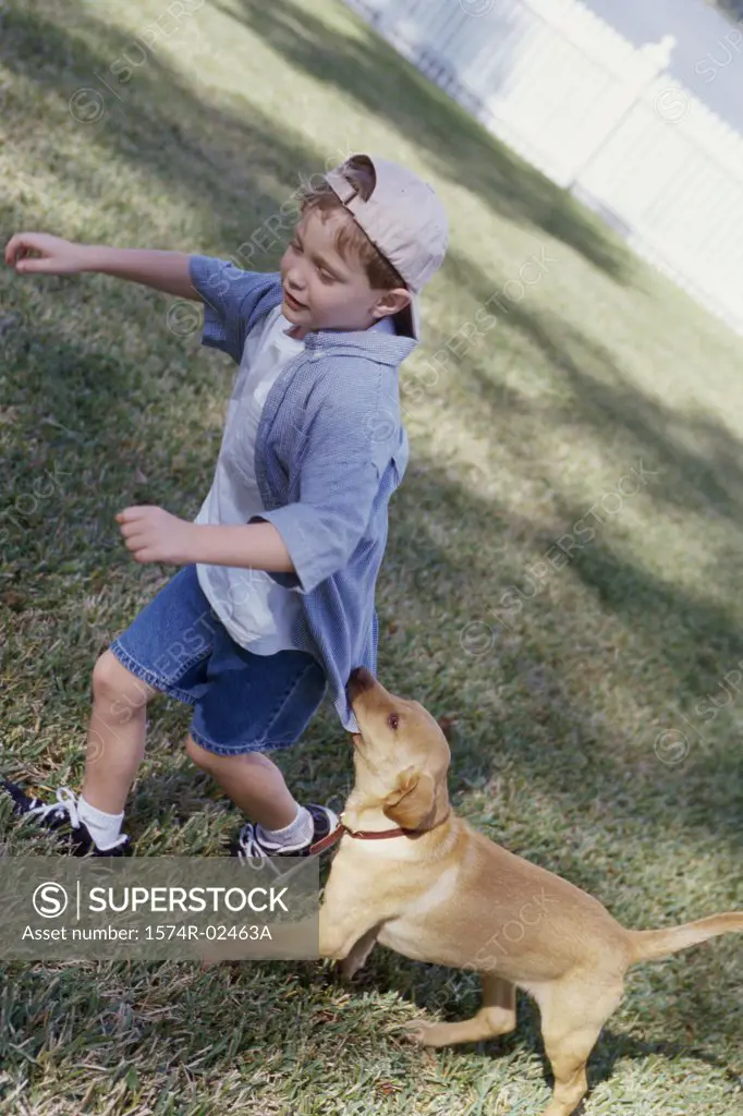 Side profile of a boy playing with his dog