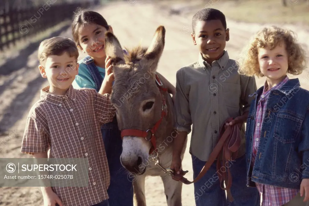 Portrait of a group of children standing with a donkey