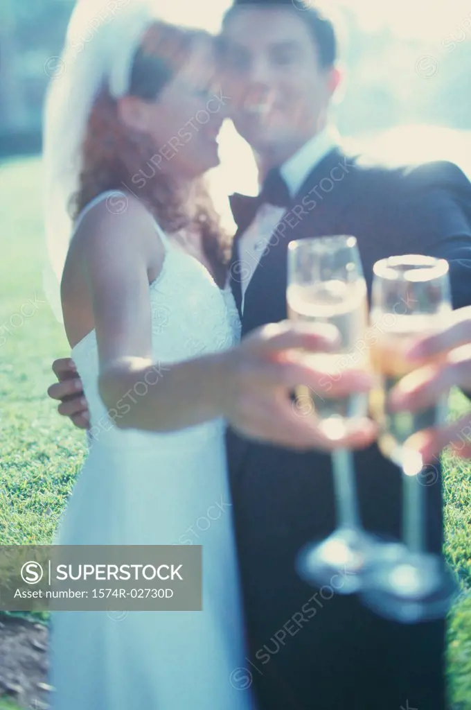 Side profile of a newlywed couple toasting with glasses of champagne