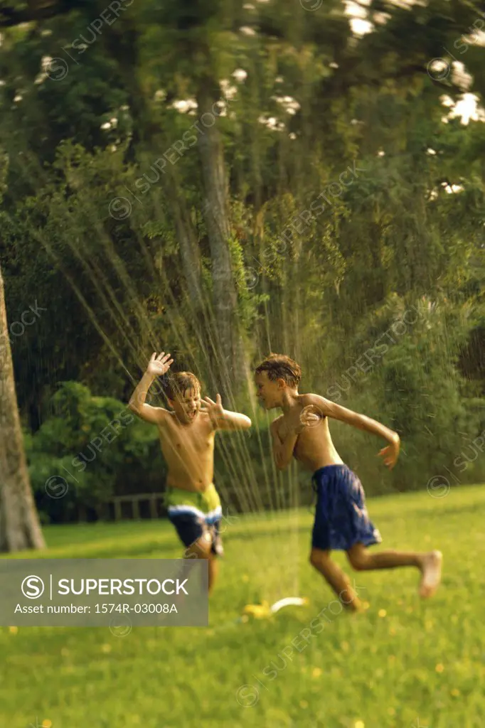 Two boys playing in a water sprinkler
