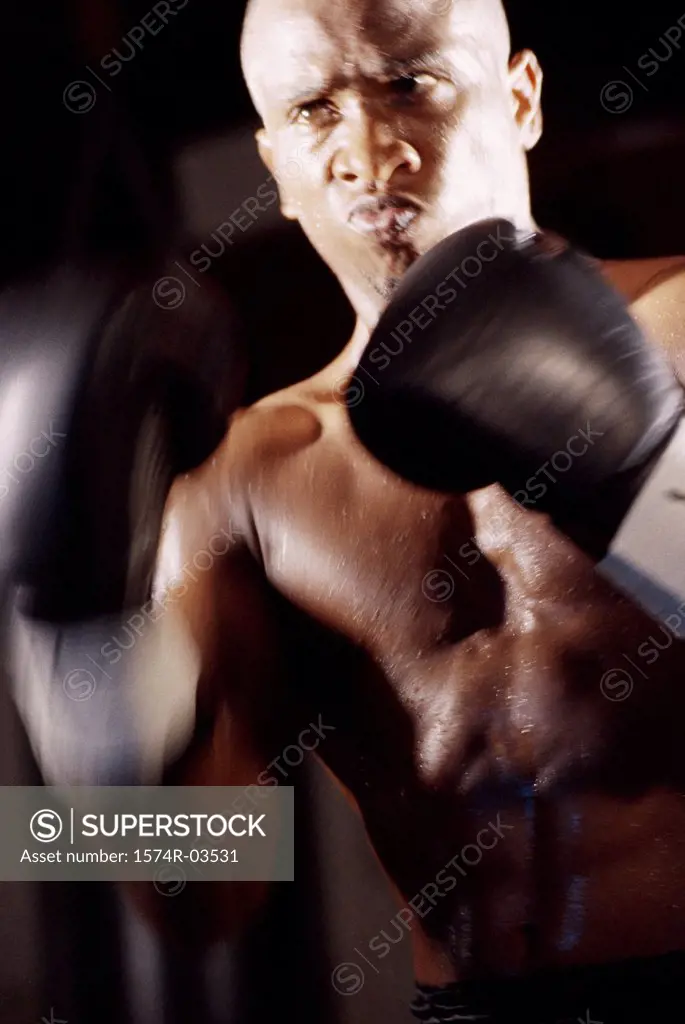 Close-up of a male boxer wearing boxing gloves