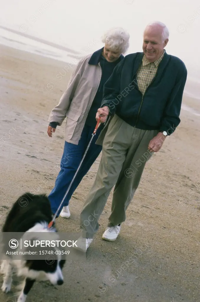 Senior couple walking with their dog on the beach