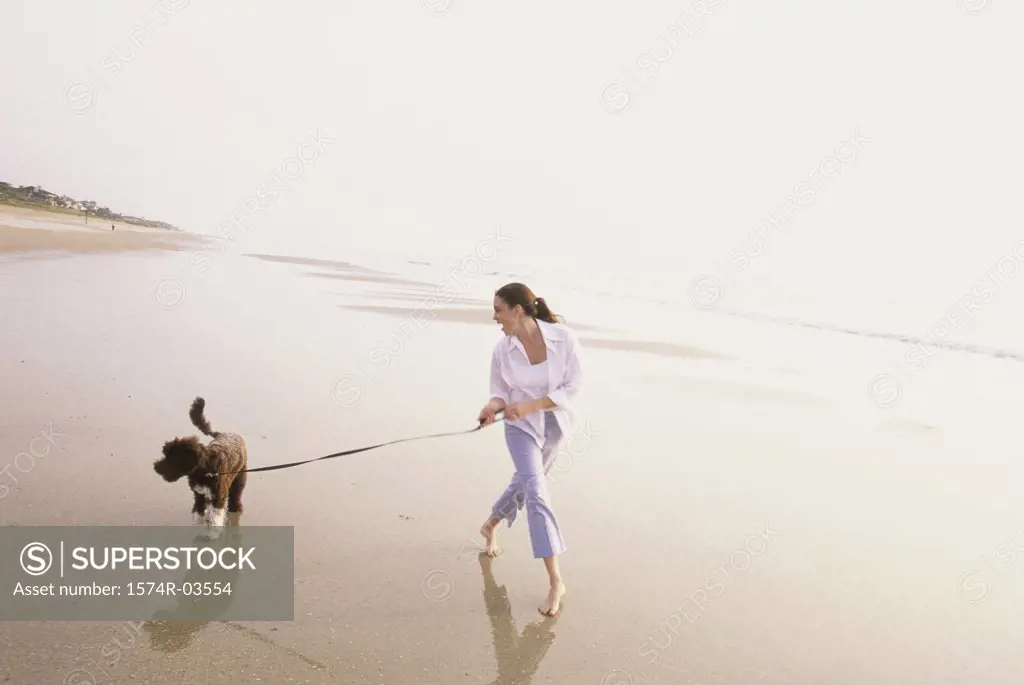 Young woman taking her dog for a walk on the beach