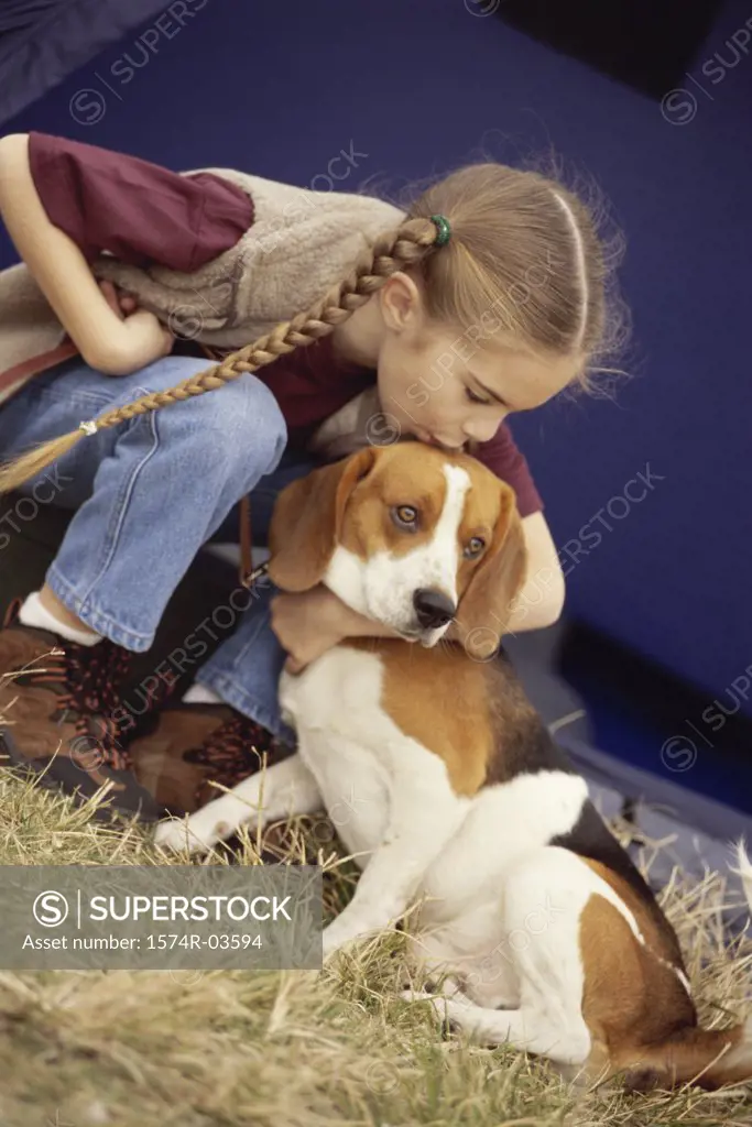 Girl kissing a dog on the forehead
