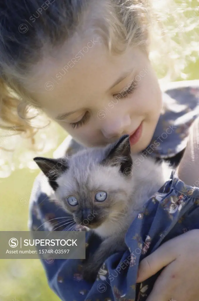 Close-up of a girl holding a Siamese kitten