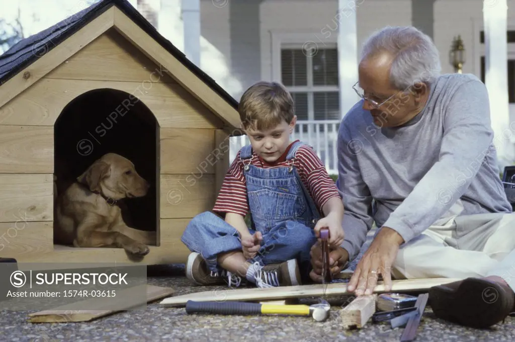 Grandfather and his grandson building a kennel