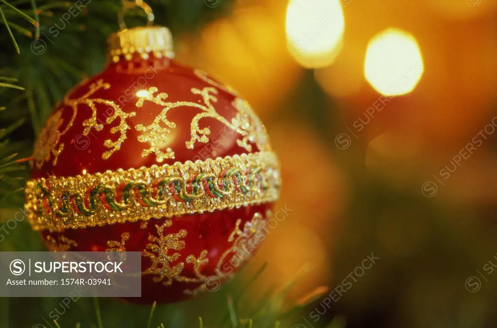 Close-up of a Christmas ornament hanging on a Christmas tree