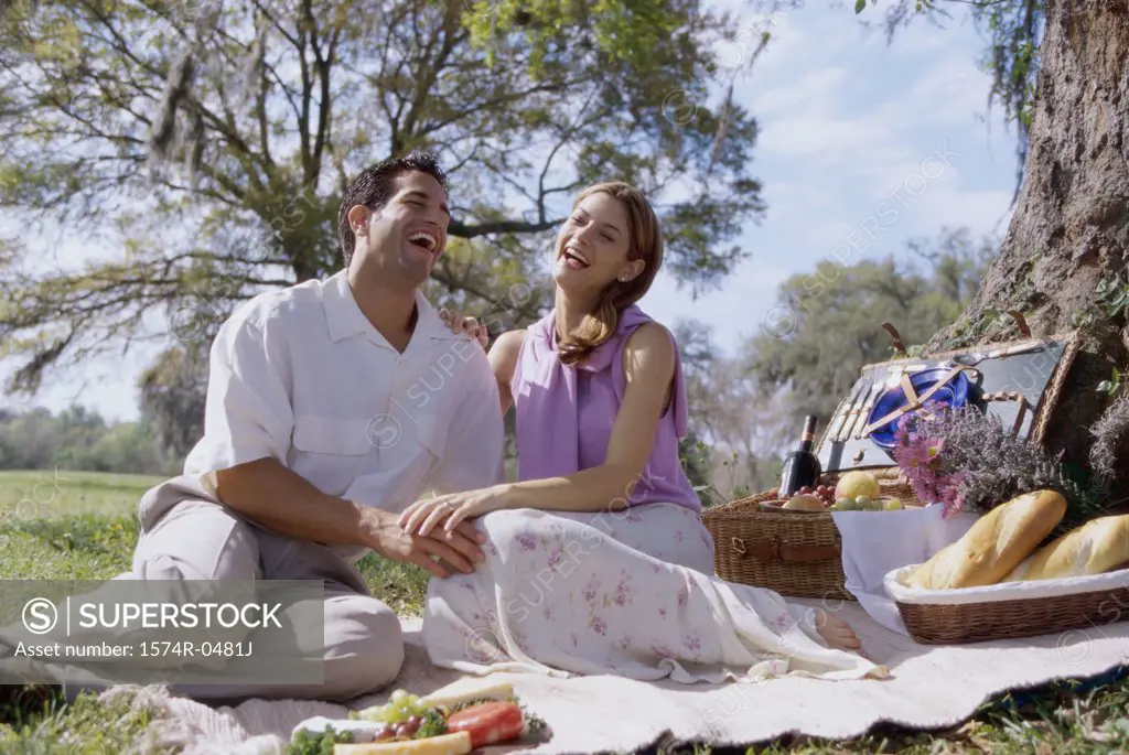 Young couple sitting together at a picnic