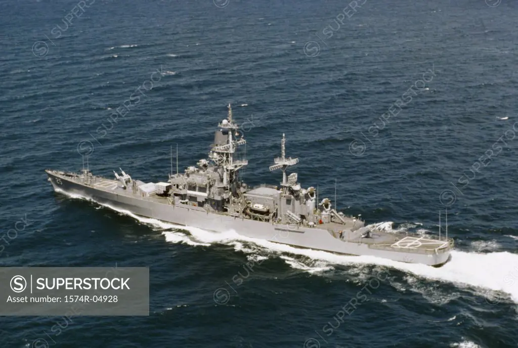 Aerial view of the USS Bainbridge nuclear guided missile cruiser in the sea
