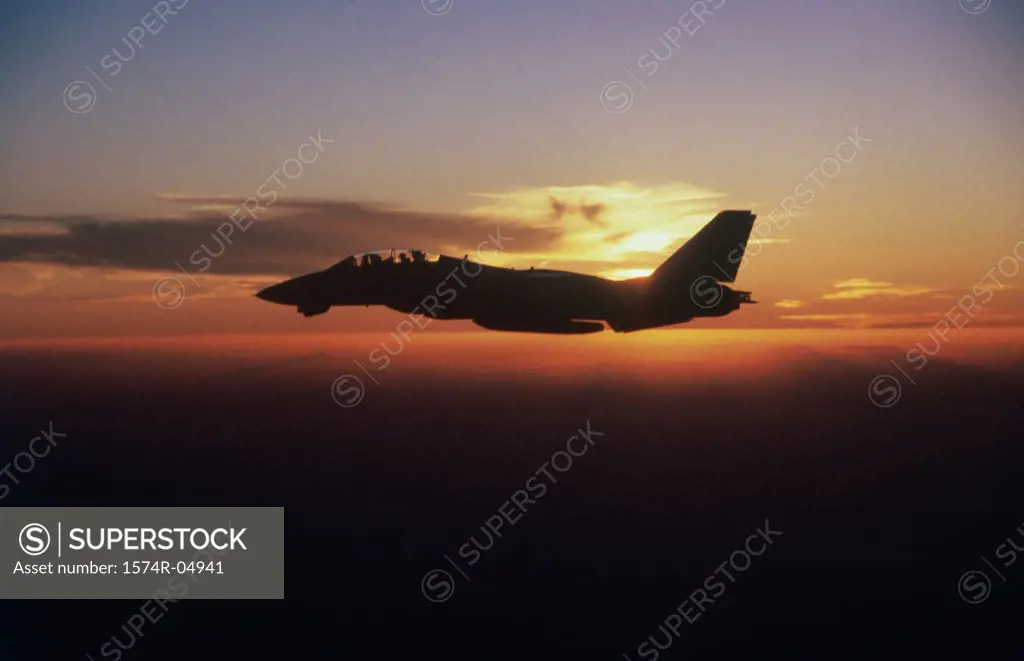 Silhouette of an F-14A Tomcat fighter plane in flight