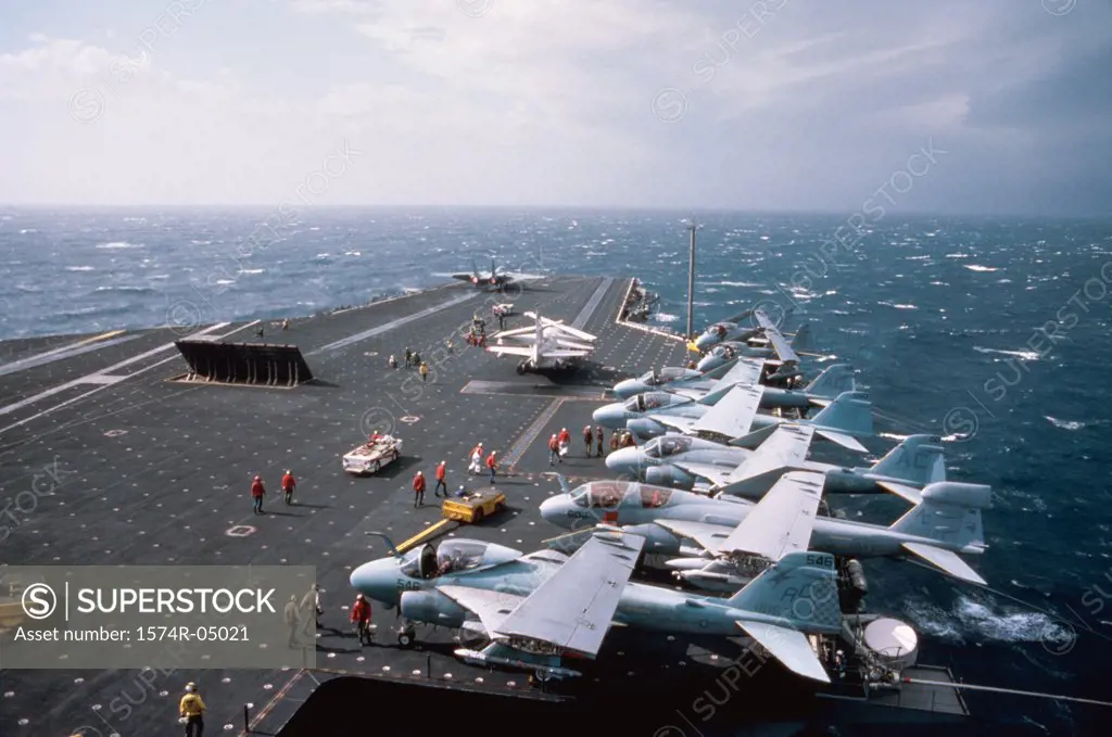 High angle view of fighter planes on on the USS John F. Kennedy aircraft carrier