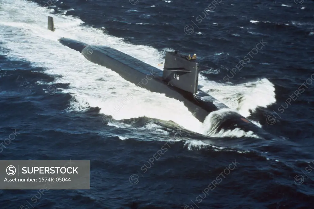 High angle view of a US Navy submarine in the sea