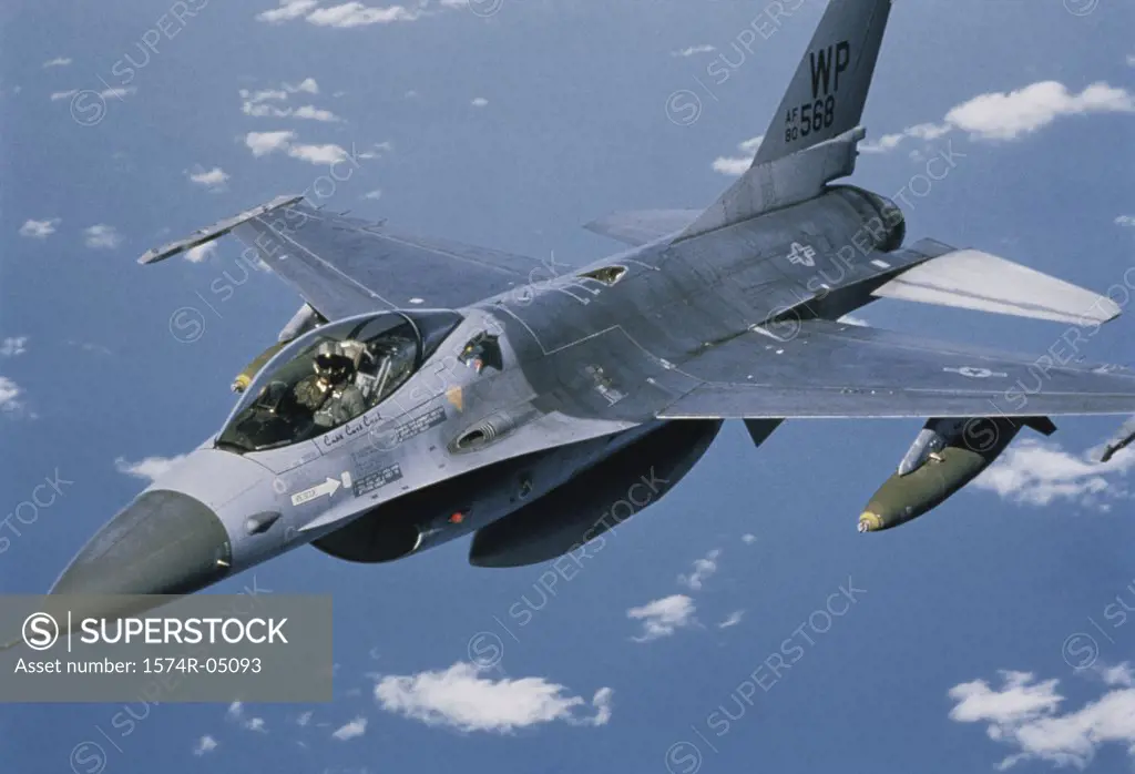 Aerial view of an F-16 Fighting Falcon in flight