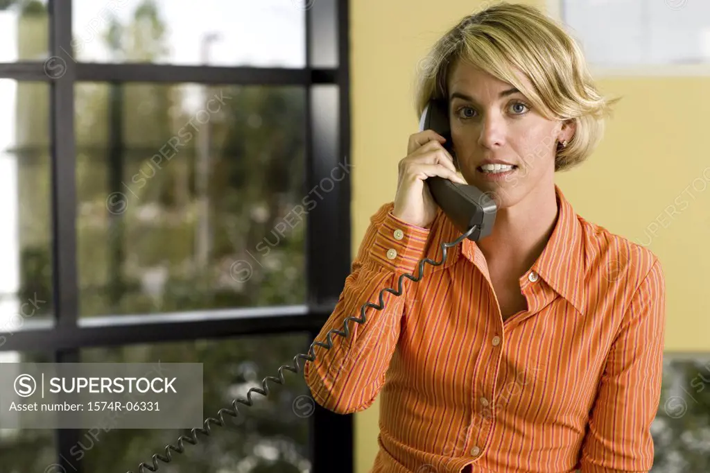 Portrait of a businesswoman talking on a telephone in an office