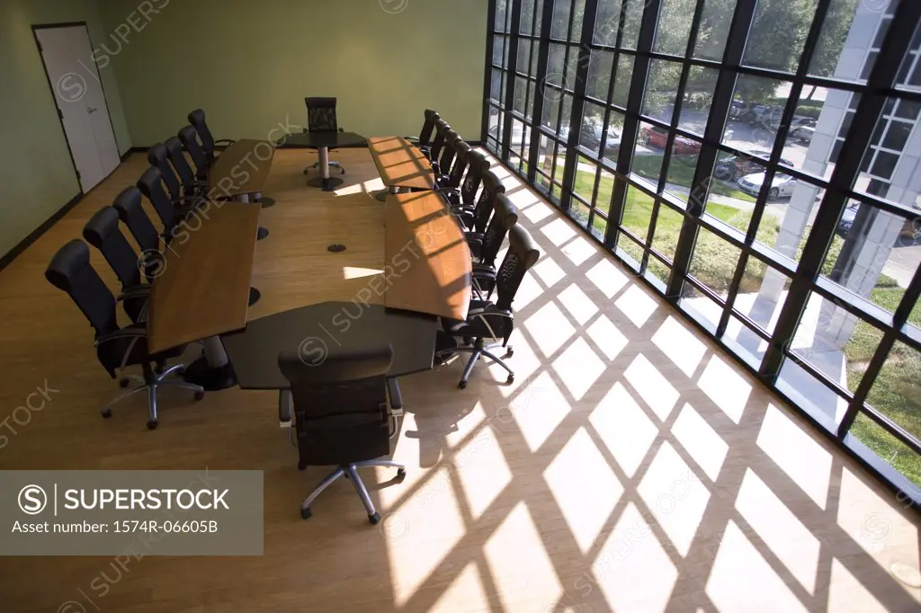 High angle view of chairs and a table in a boardroom