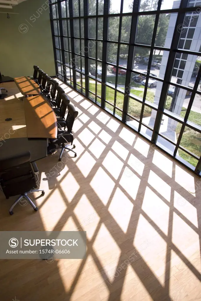 High angle view of chairs and a table in a boardroom