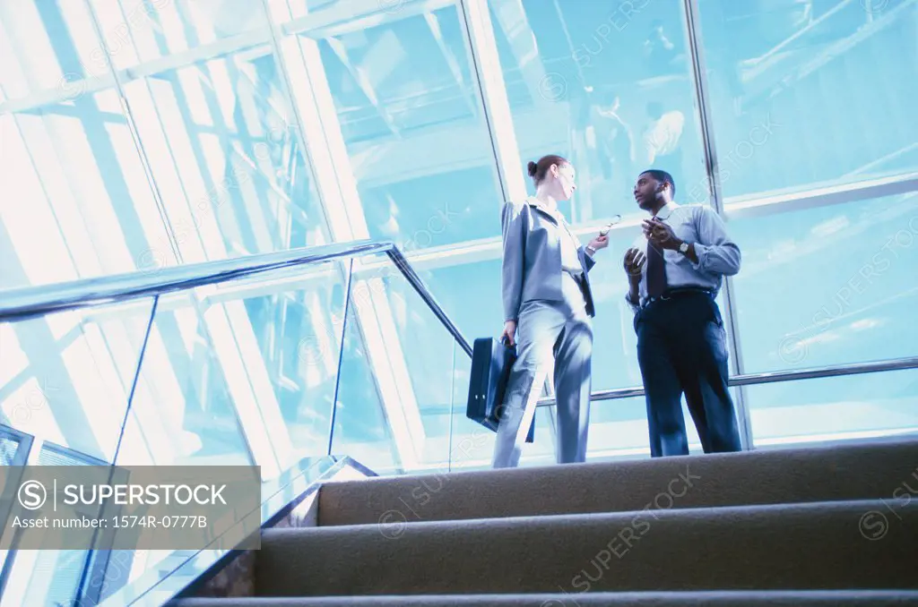 Low angle view of a businessman and a businesswoman talking
