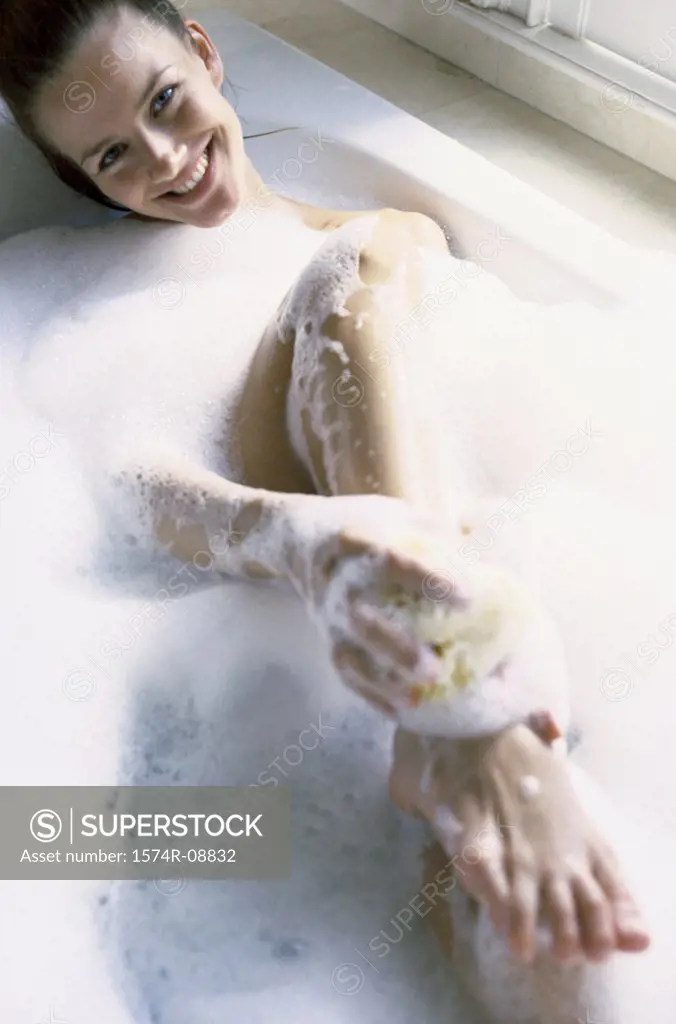 High angle view of a young woman bathing