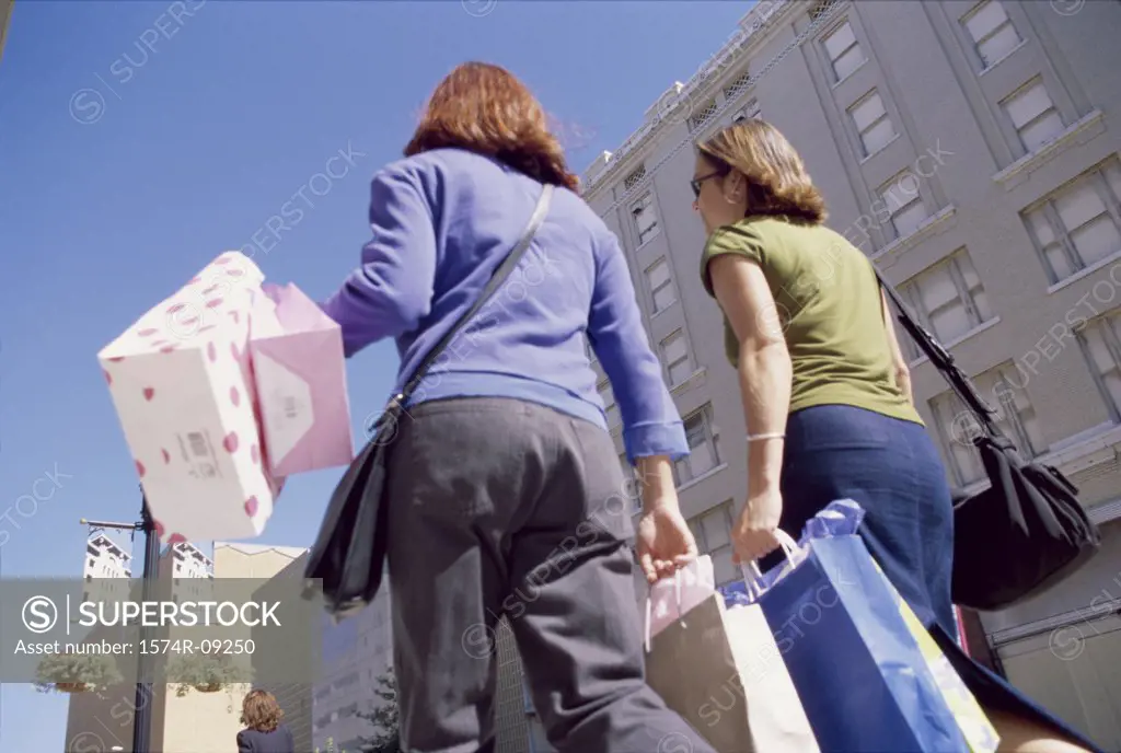 Rear view of two young women walking carrying shopping bags