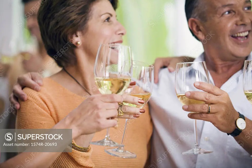 Close-up of a mature couple holding wineglasses and smiling