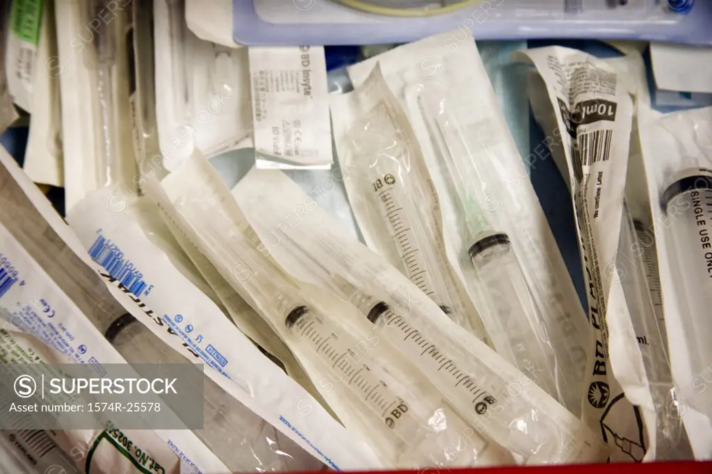 Close-up of packed syringes