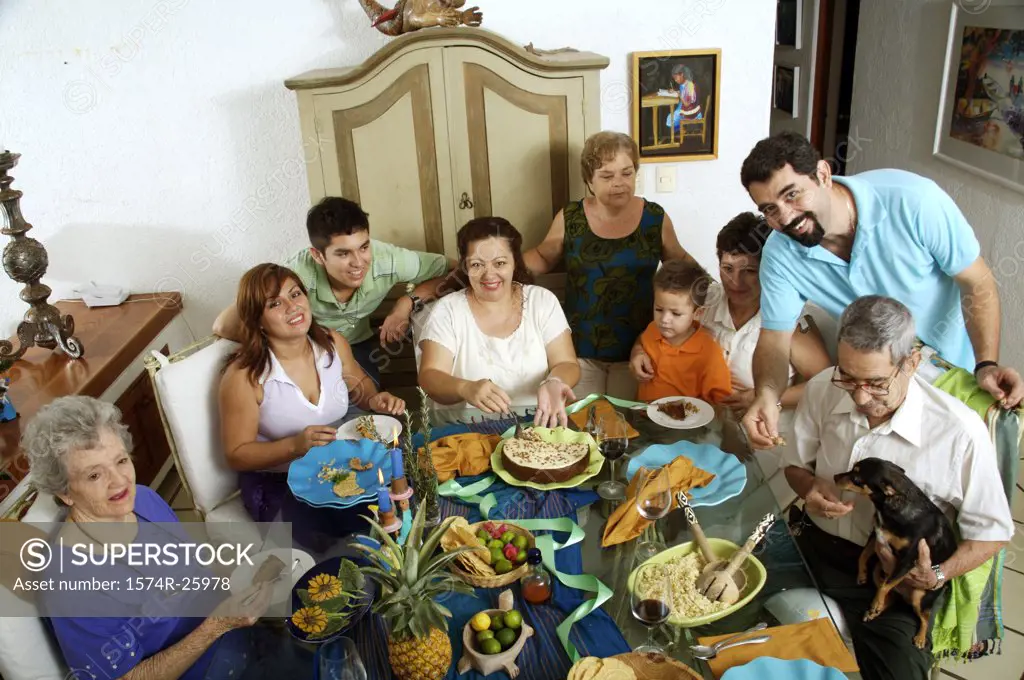 High angle view of a family at the dining table