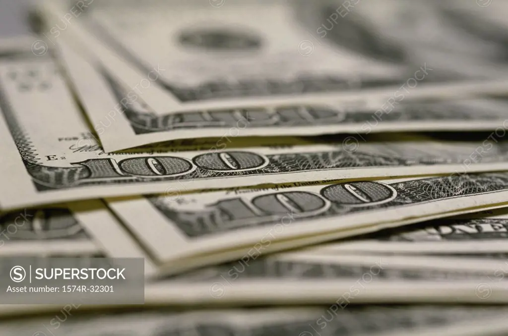 Close-up of one hundred US dollar bills