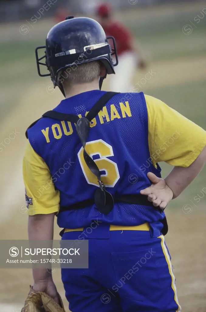 Rear view of a boy on a baseball team