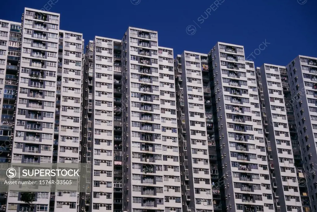 Low angle view of buildings, Hong Kong, China