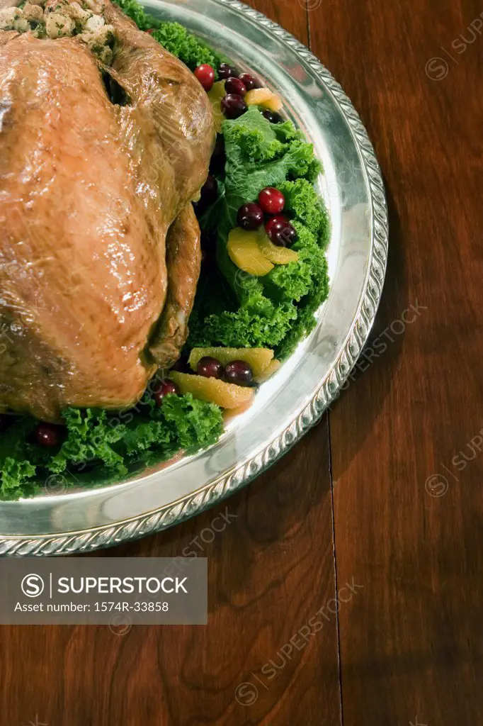 High angle view of a roast turkey