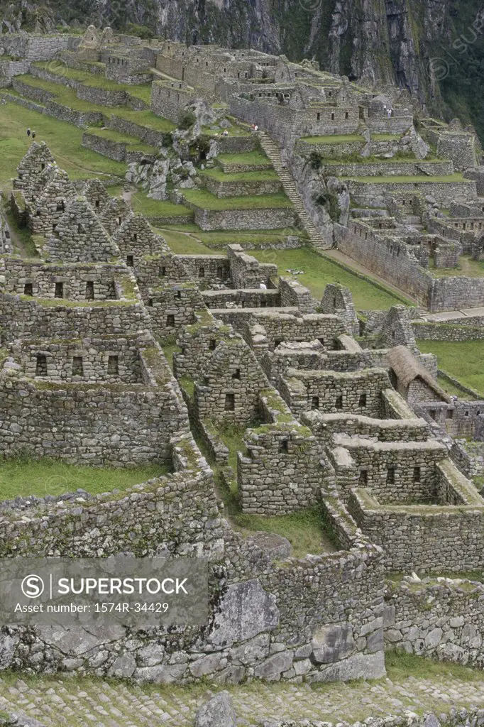 High angle view of ancient ruins, Machu Picchu (Incan), Peru