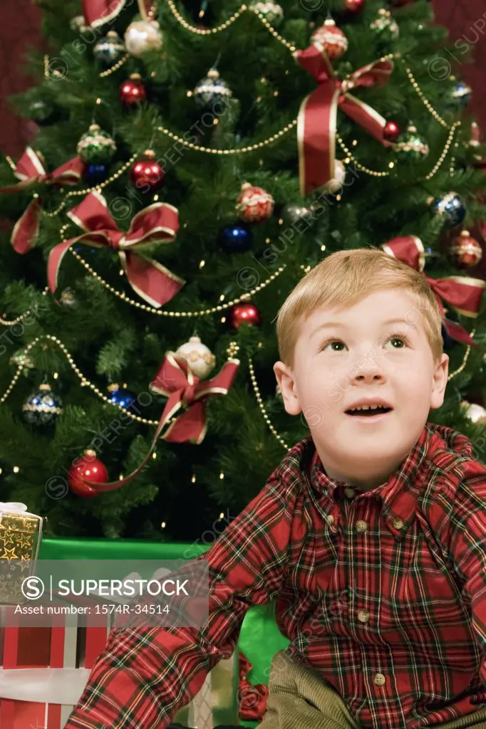Boy in front of a Christmas tree looking up