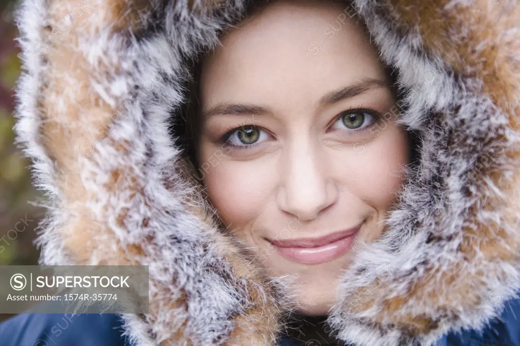 Portrait of woman wearing fur hat