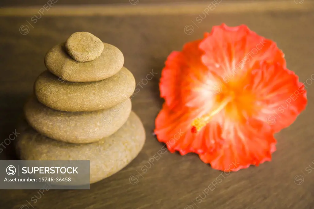 Stack of spa stones with a flower, Papeete, Tahiti, French Polynesia