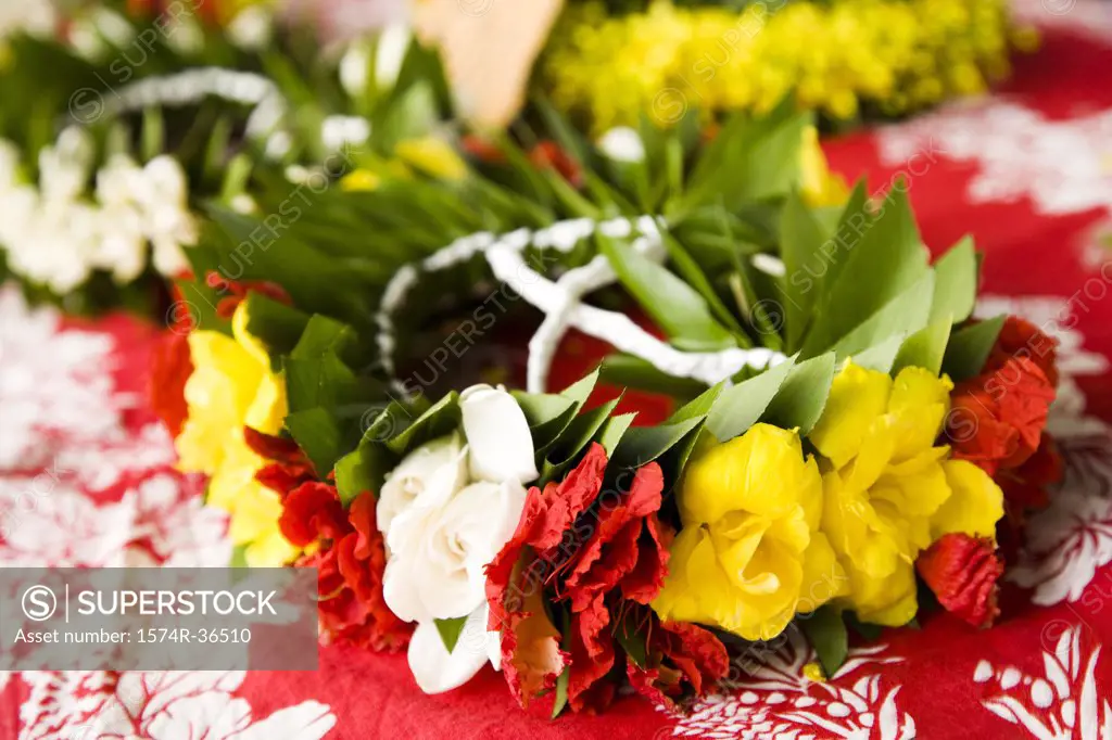 Close-up of garlands on a table, Papeete, Tahiti, French Polynesia