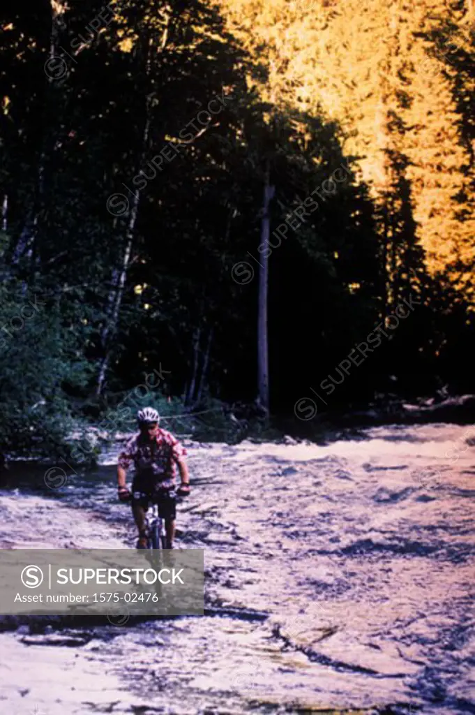 Mounatain biker on river bank, Whistler BC