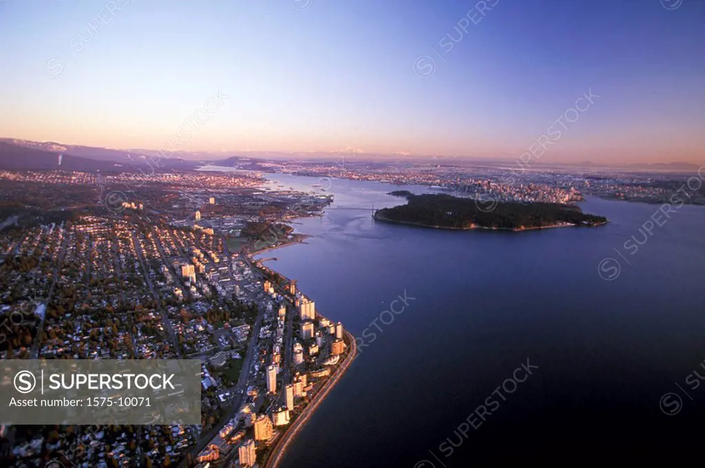 Aerial of the shores of West Vancouver looking towards Downtown Vancouver, British Columbia, Canada