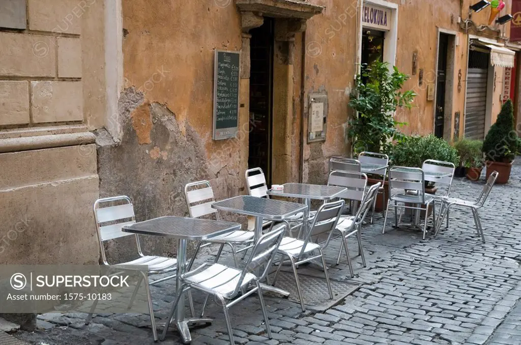 Italy, Rome. Outdoor cafe, chrome tables and chairs
