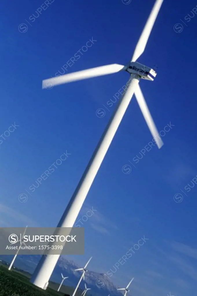 Metal Windmills creating clean electric energy, Pincher Creek, Alberta