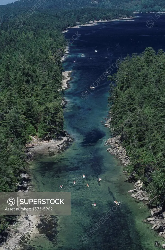 Aerial of Kayakers along Thetis Island, BC