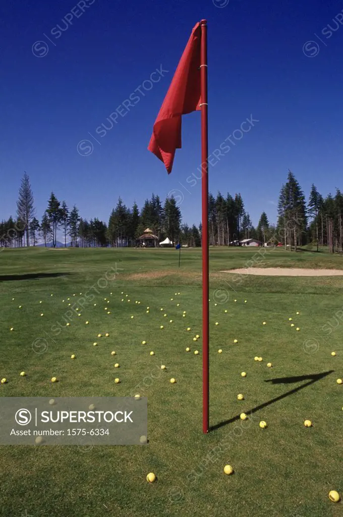 Golf balls on golf green with red flag